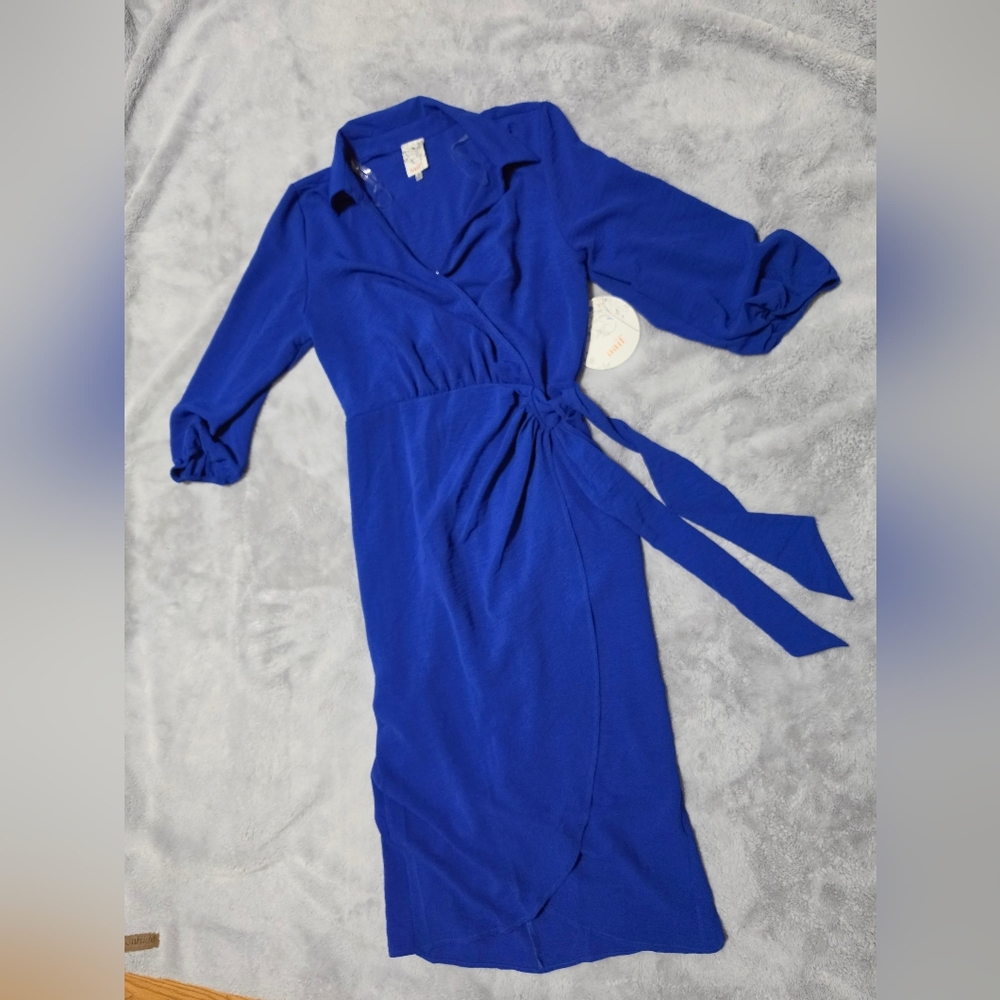 NAIF Cobalt Blue Wrap-Style Long-Sleeve Dress with Waist Tie